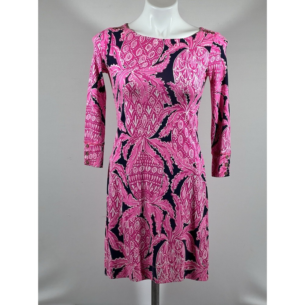 Lilly Pulitzer Floral Shift Dress Women XXS Pink Rayon Stretch Coastal Preppy